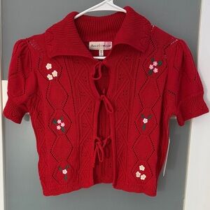 Red Knit Cardigan with Floral Details